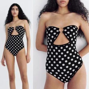 ZARA Polka Dot Strapless BODYSUIT Size M L Black White Ring Detail NEW w/ TAGS